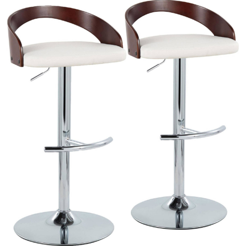 Grotto Adjustable Swivel Bar Stool in Chrome, Cherry Wood & White Leatherette (Set of 2)